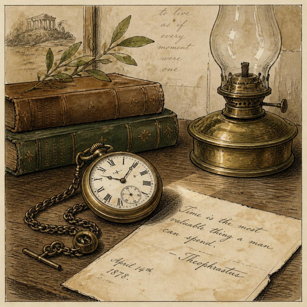 Hand-drawn illustration of an antique pocket watch on a worn desk beside a handwritten note and a brass oil lamp.