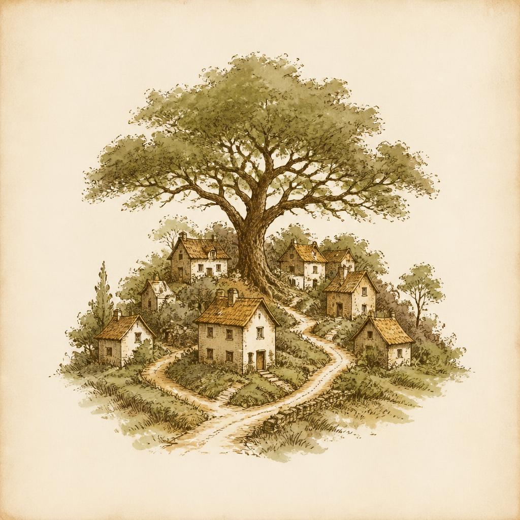 Hand-drawn illustration of a cluster of small houses on a hill sheltered under a broad central tree, connected by winding paths.