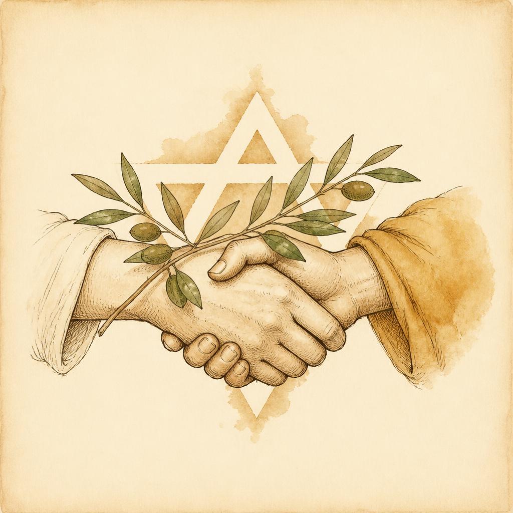 Hand-drawn illustration of two clasped hands holding an olive branch, with a Star of David woven into the composition.