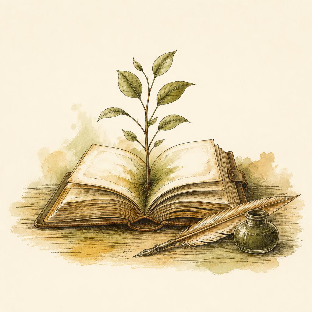 Hand-drawn illustration of an open book with a young sapling growing from its pages, a quill and inkpot resting beside it.