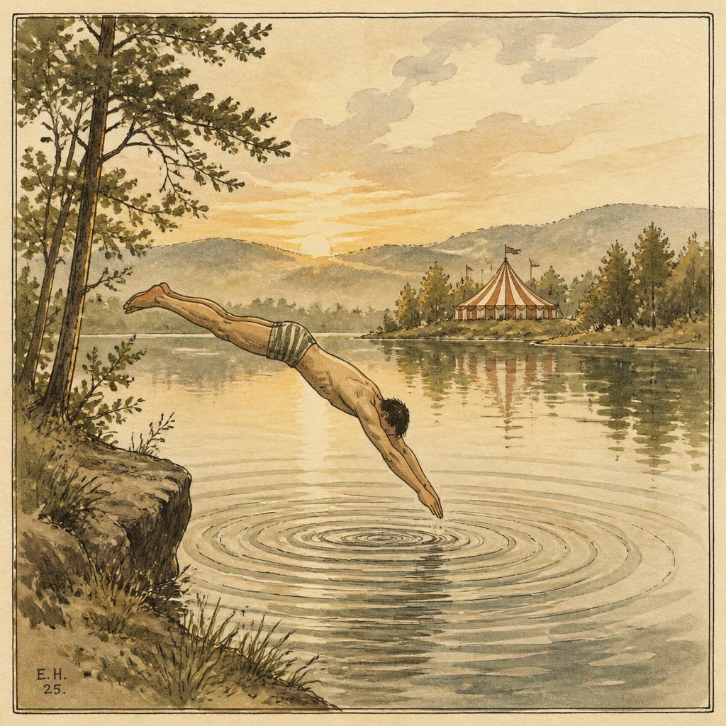 Hand-drawn illustration of a swimmer mid-dive into a still cold lake at dawn, with a distant carnival tent on the far shore.