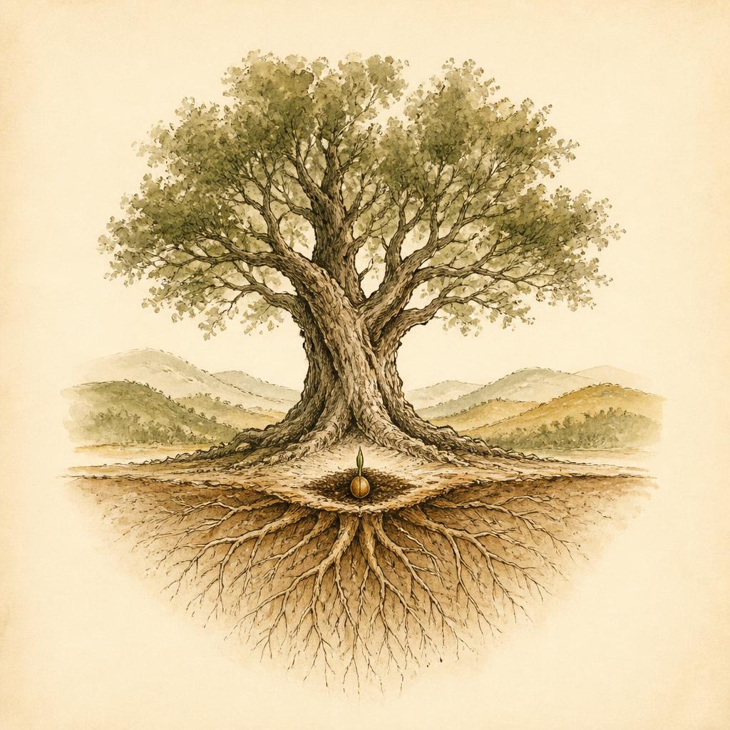Hand-drawn illustration of an ancient tree with a deep visible root system and a small seed being planted at its base, with distant hills.
