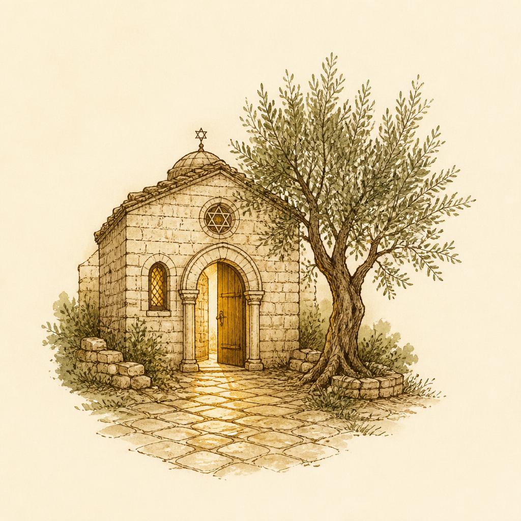 Hand-drawn illustration of a small stone synagogue with warm light spilling from an open door and an olive tree beside it.