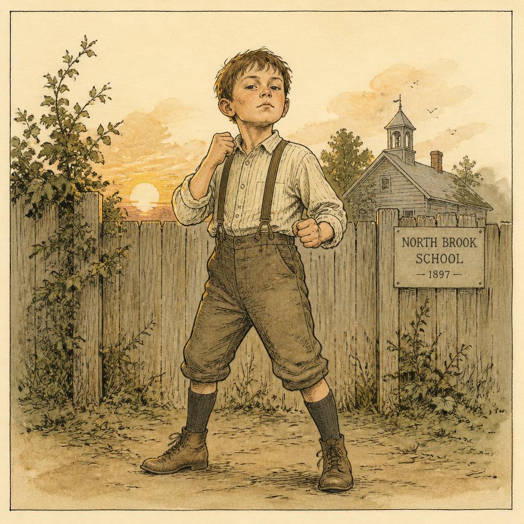 Hand-drawn illustration of a young boy in a boxer's stance in front of a schoolyard fence at dawn.